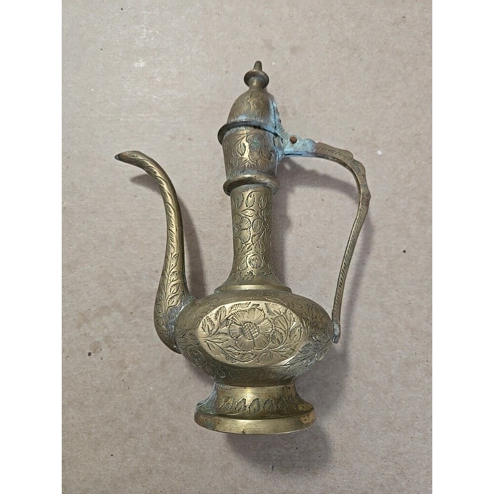 7" Vintage Brass Etched‎ Floral India Pitcher Teapot Genie Lamp Decor